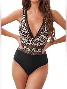 Leopard Print & Black One-Piece Swimsuit